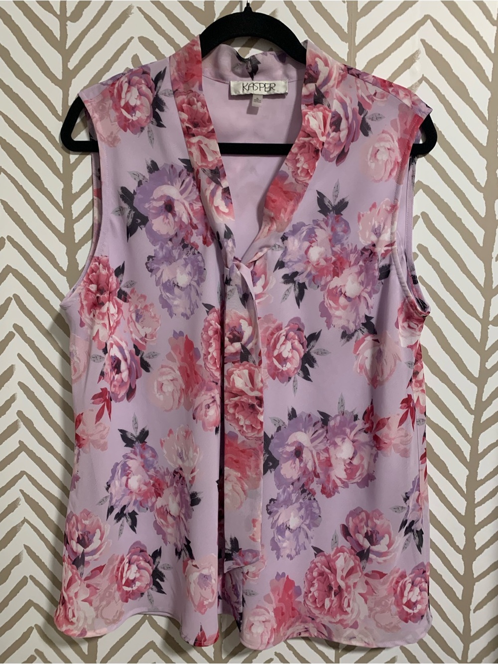 Kasper Lavender and Pink Floral Sleeveless Tie-Neck Blouse